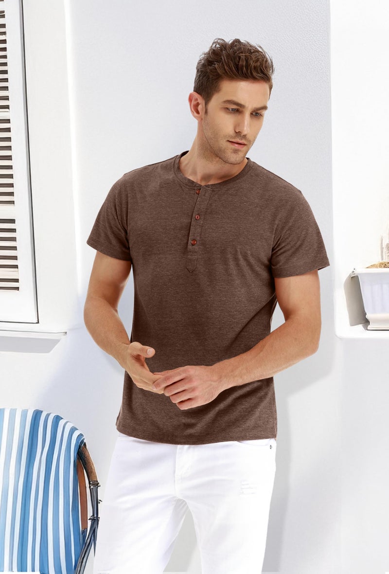 PEGENO Men's Fashion Casual Front Placket Short/Long Sleeve Henley T-Shirts Cotton Shirts (US Large, A9 VG-Brown) - Image 4